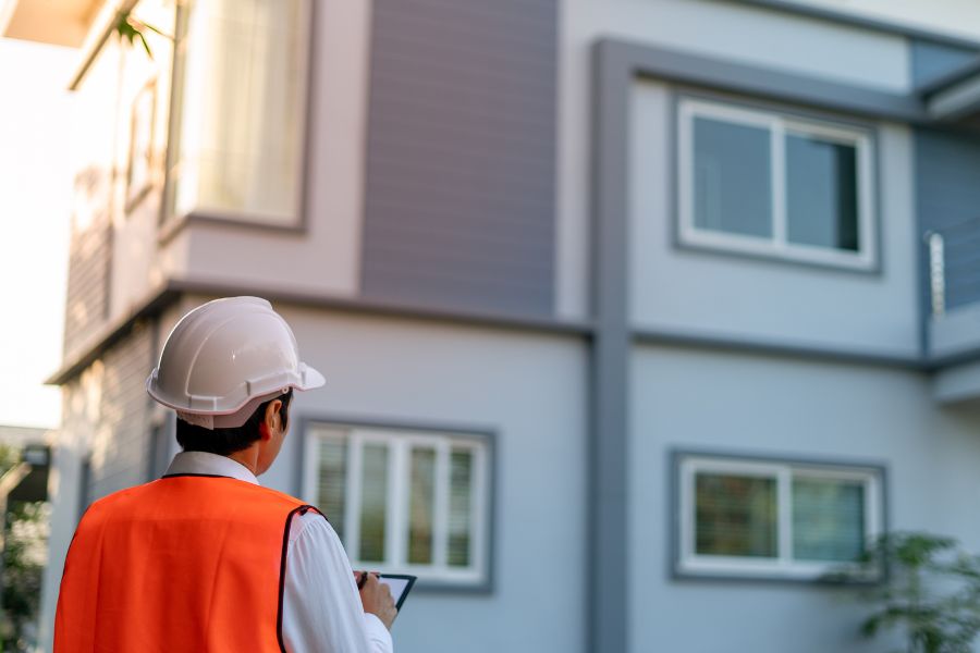 home inspector checking house exterior hicksville ny